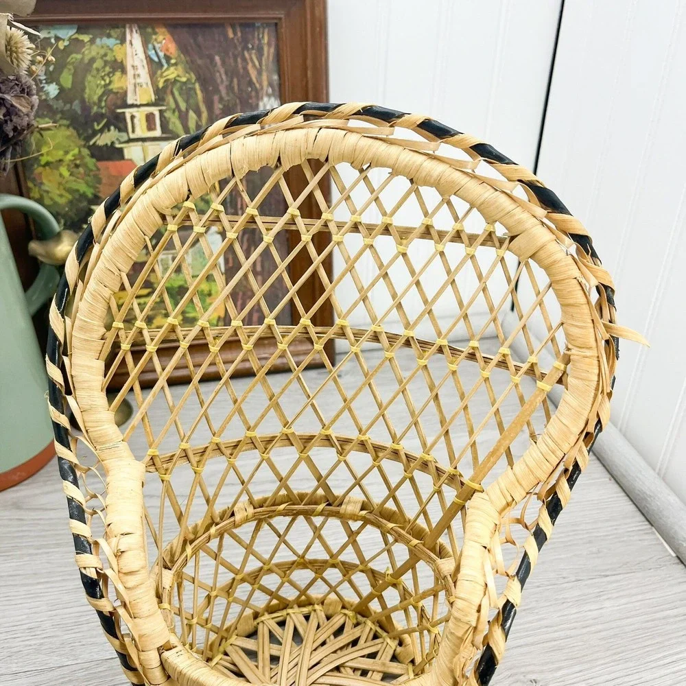 Vintage Wicker Peacock Chair Plant Holder - Black Accent Decor‎